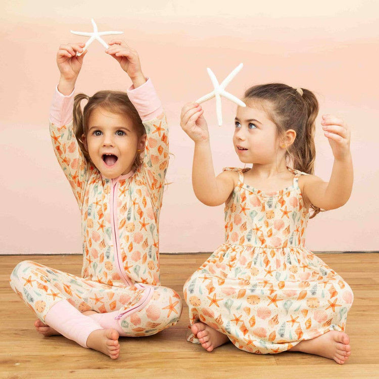 Sandy Seashells Beachy Bamboo Convertible Baby Pajamas: Beige/Multi