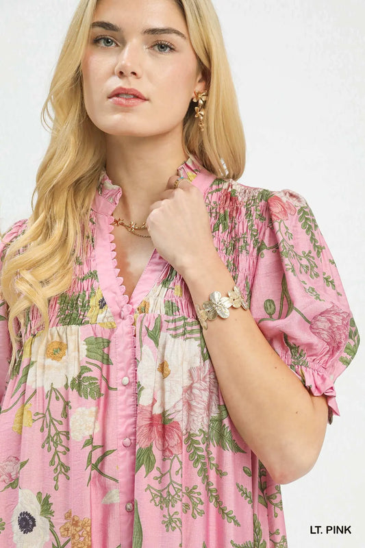 Pink Floral Smocked Button-Front Midi Dress