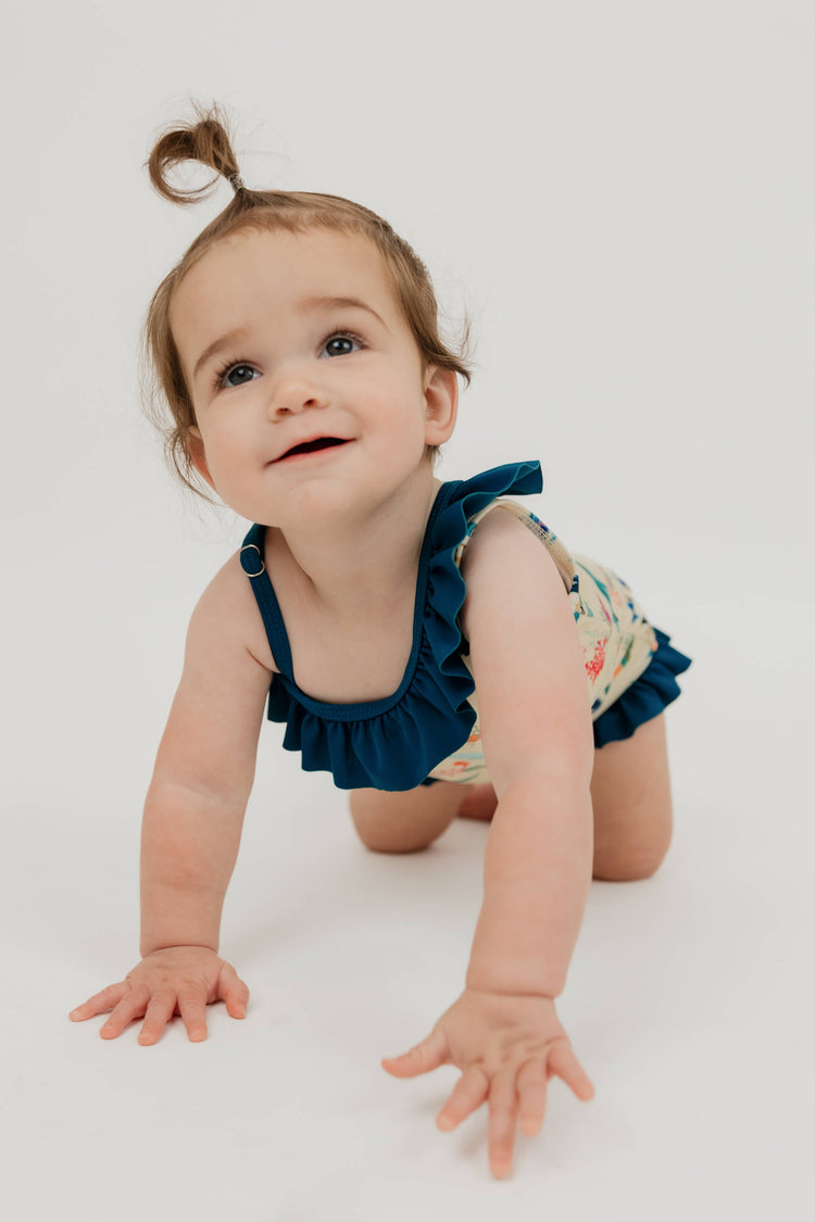 Coral Reef Ruffle Leg One Piece Girls Swimsuit: Blue/Multi / 6-12M