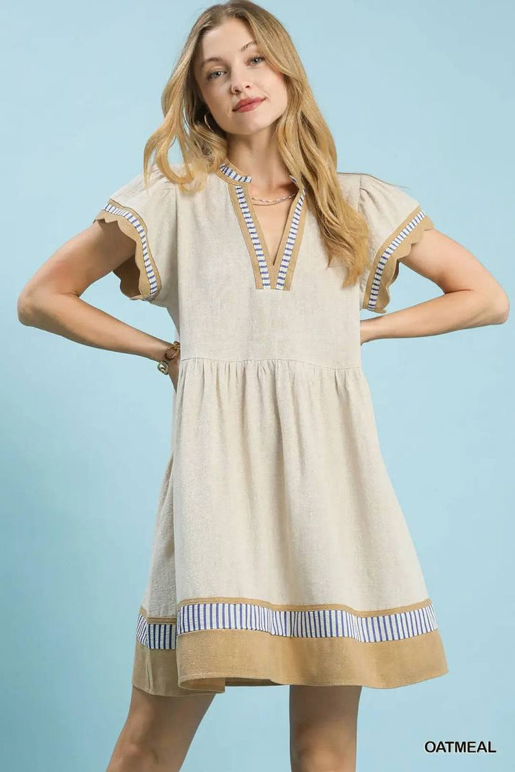 Oatmeal Linen Color Block Flutter Sleeve Dress
