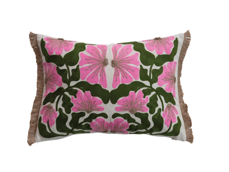 Cotton & Linen Lumbar Pillow with Embroidered Flowers & Jute