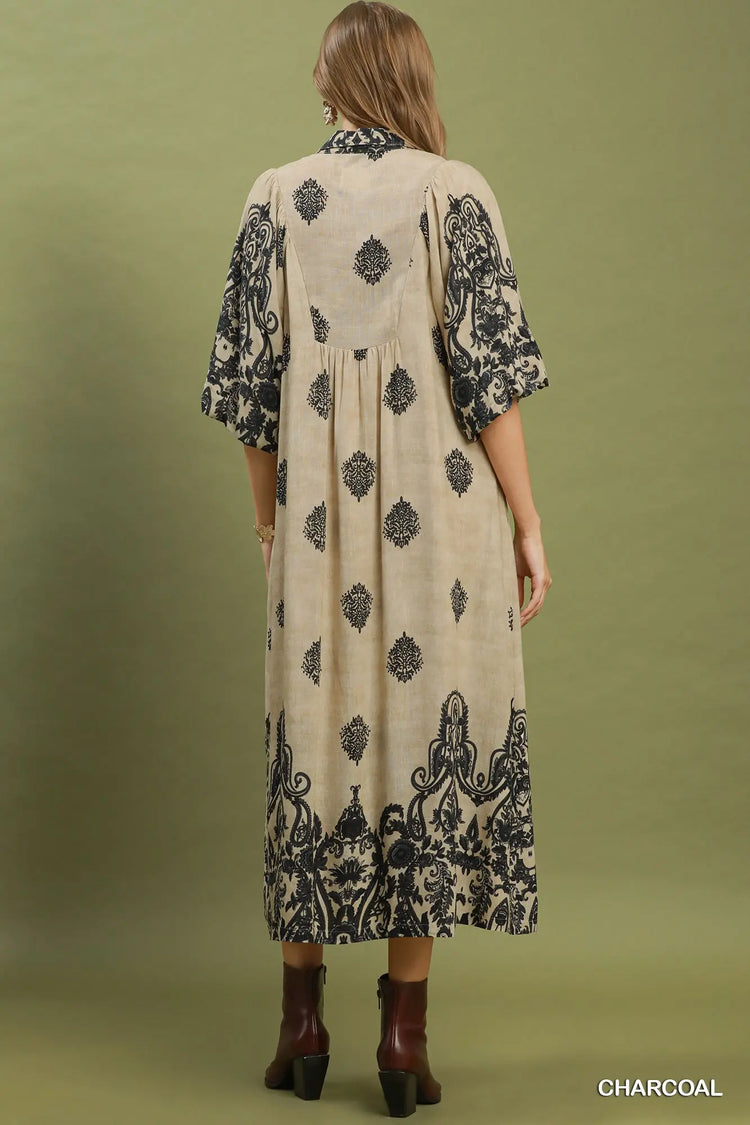 Navy Border Print Smocked Detail Midi Dress