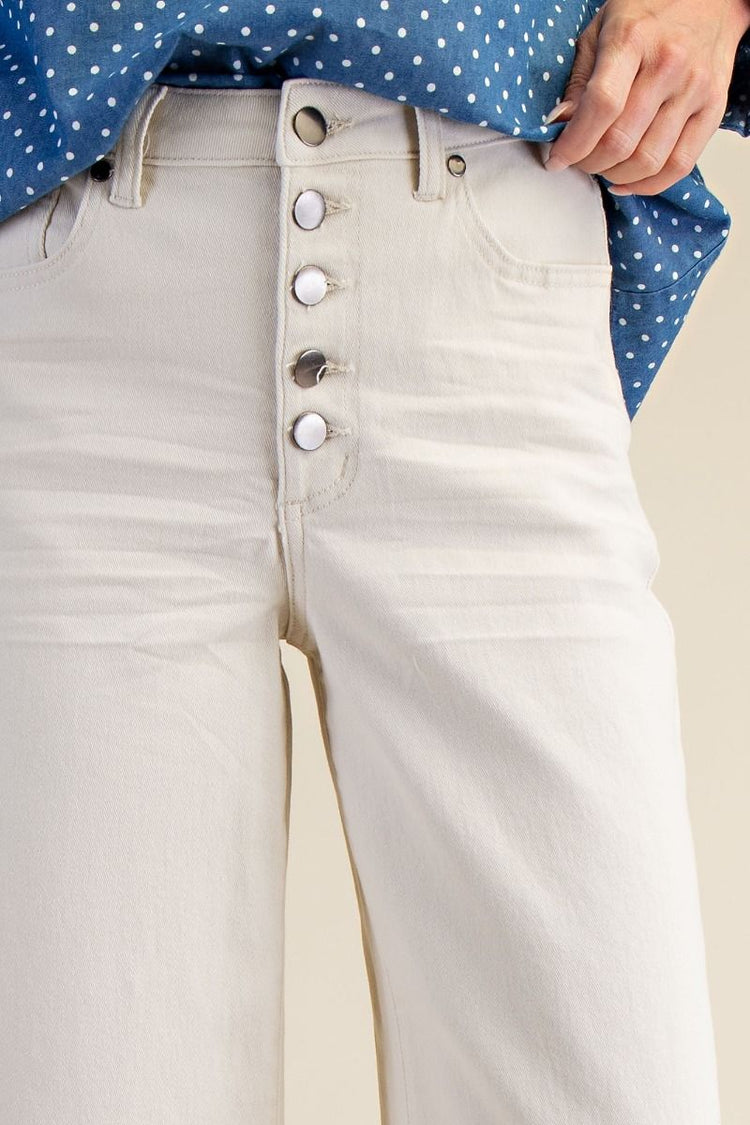 ECRU BUTTON FRONT ENZYME WASHED STRETCH TWILL PANTS