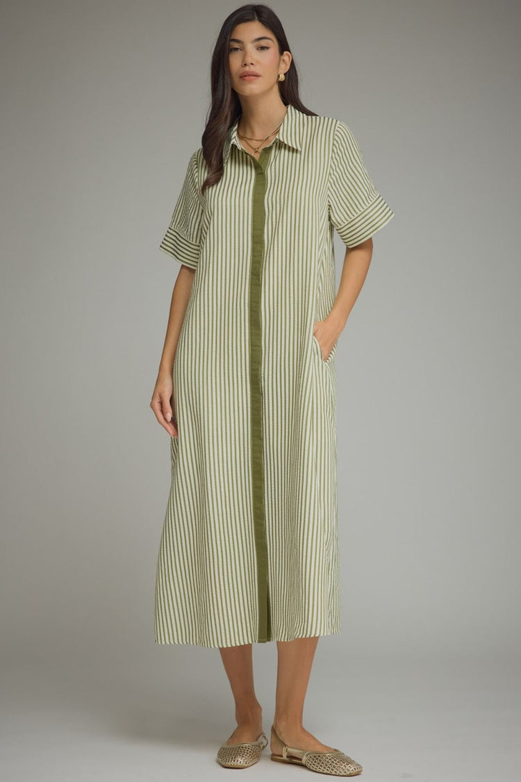 Olive Stripe short sleeve midi dress
