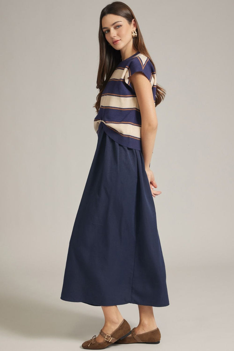 Navy Stripe knit cap sleeve top and solid sleeveless midi dress
