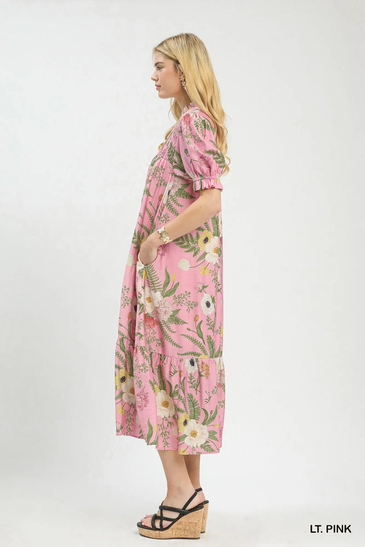 Pink Floral Smocked Button-Front Midi Dress