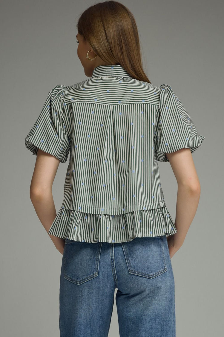 Stripe and polka dot short puff sleeve top