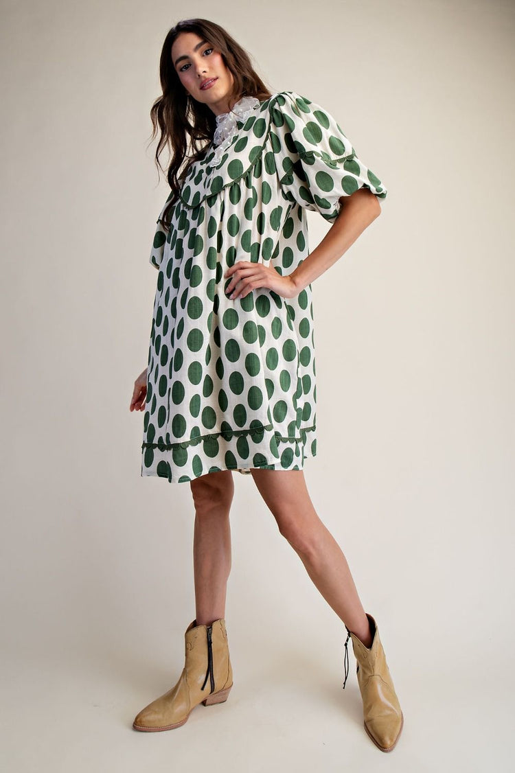 SAGE POLKA DOTS LINEN MINI DRESS