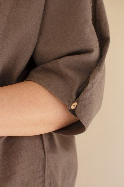 Short-Sleeve Blouse with Button Detail on Sleeves / Oregano