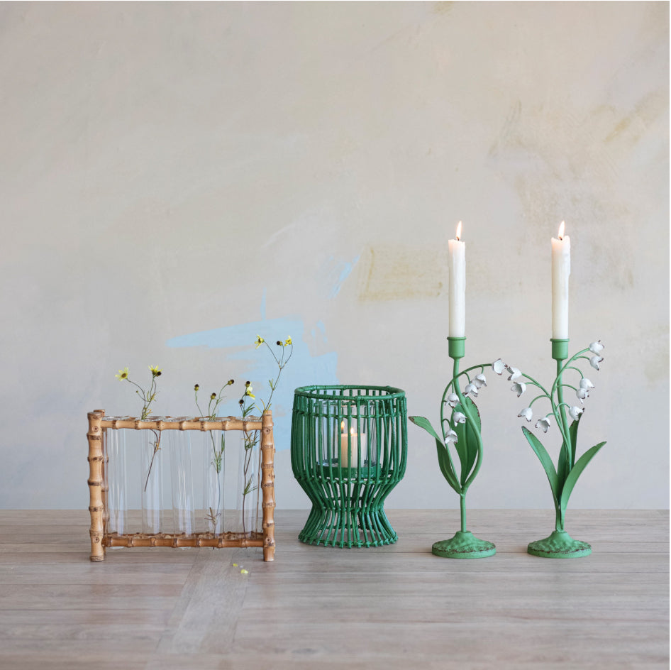 6- 1/2” Round x 8”H Hand-Woven Rattan Lantern with Glass Insert