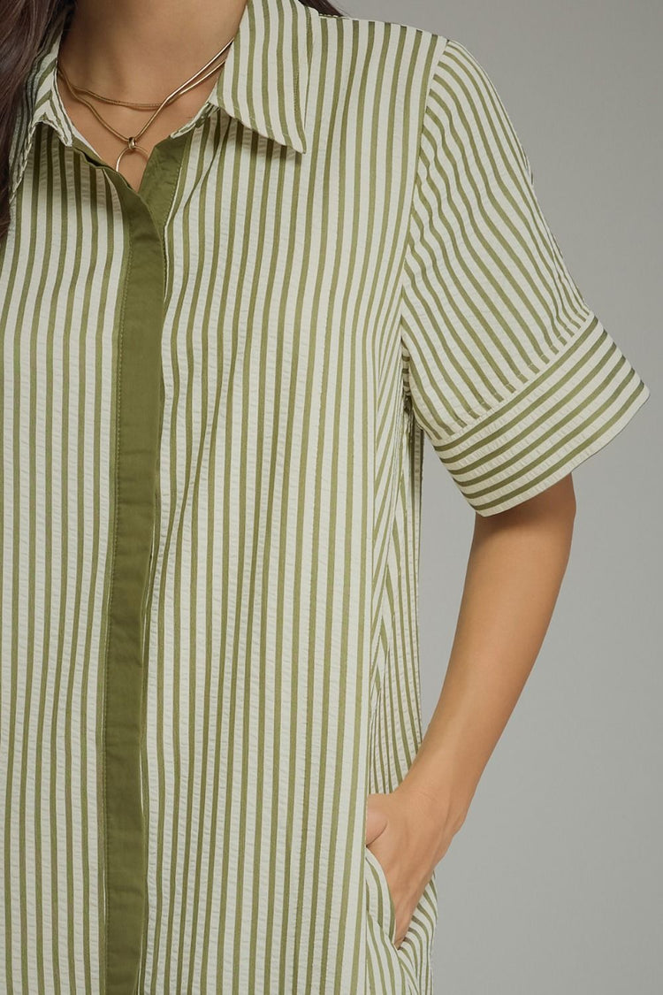 Olive Stripe short sleeve midi dress