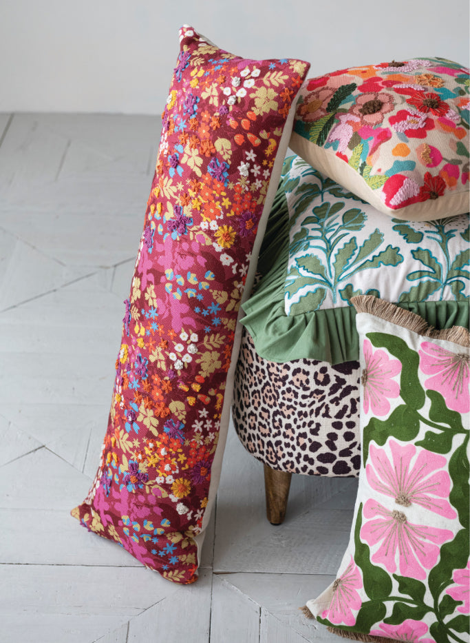 Cotton & Linen Lumbar Pillow with Embroidered Flowers & Jute