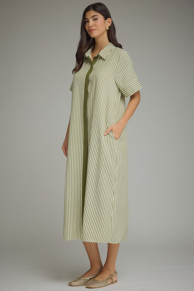 Olive Stripe short sleeve midi dress