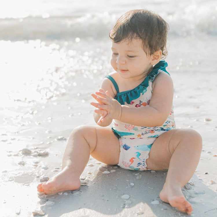 Coral Reef Ruffle Leg One Piece Girls Swimsuit: Blue/Multi / 6-12M