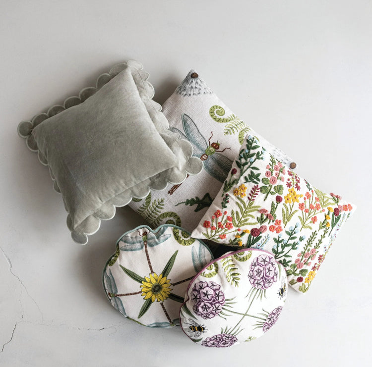 20” Square Linen Blend Pillow with Dragonfly, Botanicals & Embroidery