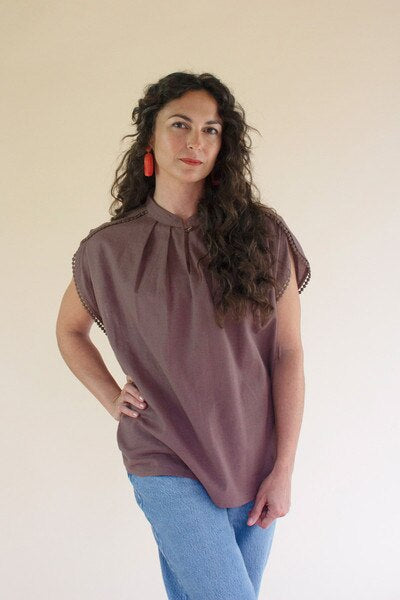 High-Neck Shortsleeve Blouse with Flat Pom-Pom Lace Detail / Mulberry