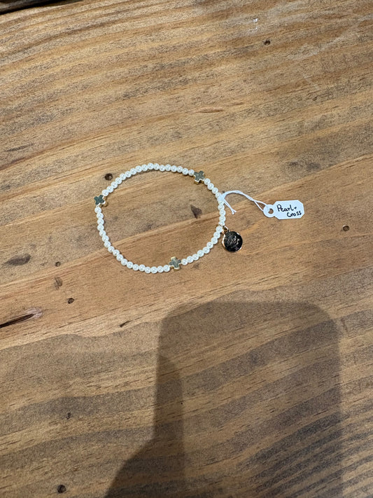 Stacker Stretch Bracelet- Micro Pearl + Cross