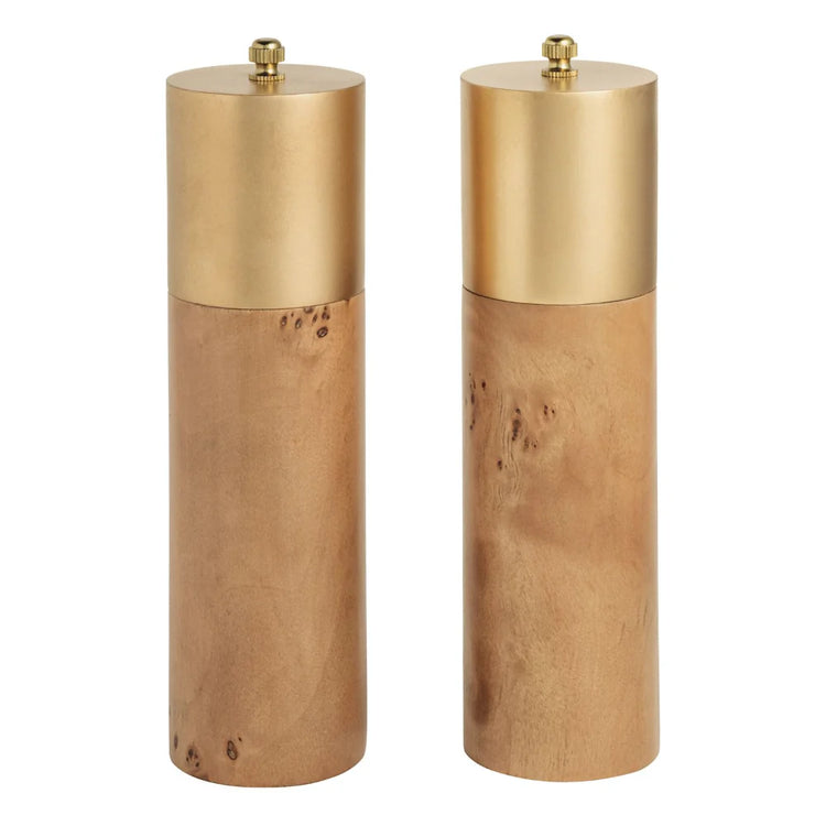 Burl Wood & Brass Salt & Pepper Grinder Set
