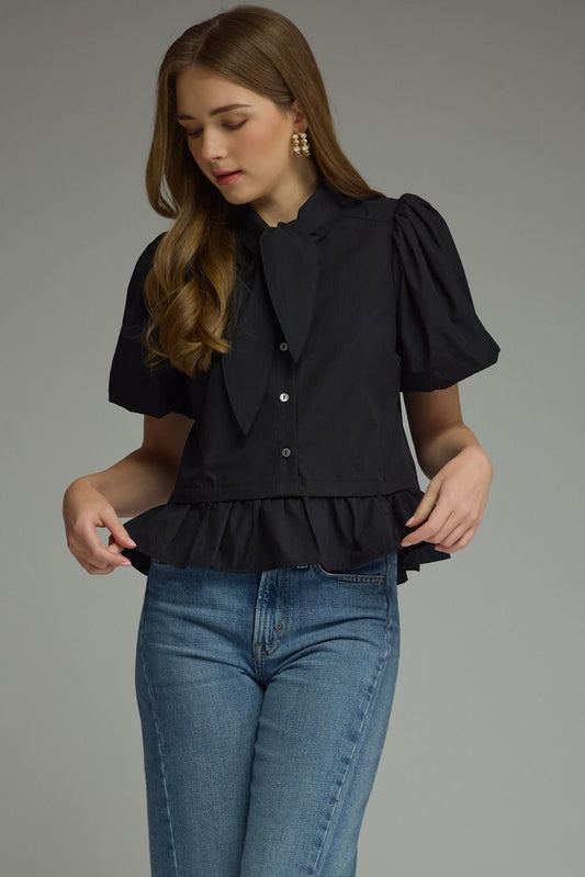 Black Solid short puff sleeve top