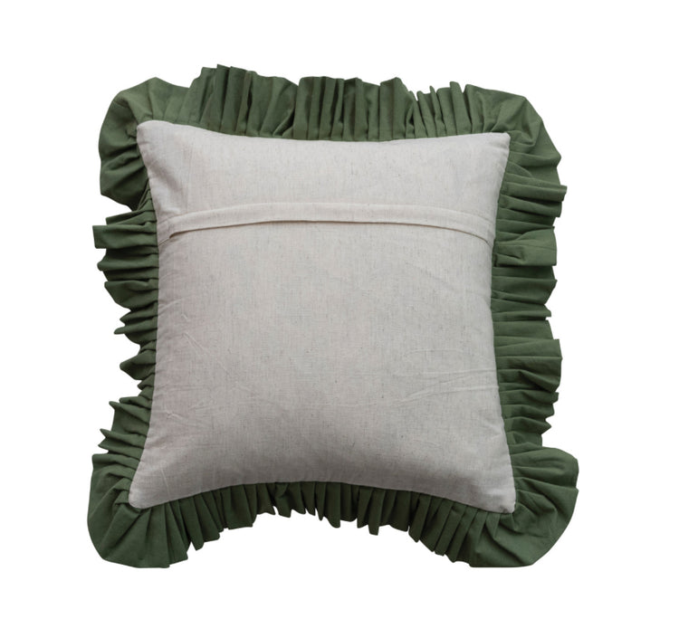 18” Square Cotton Pillow with Floral Pattern, Embroidery & Ruffle