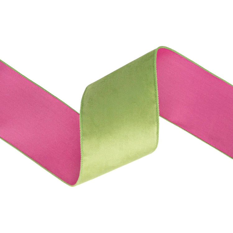4" Wired Velvet Ribbon | Lime Green W/ Fuchsia Backing | 10 Yard Roll