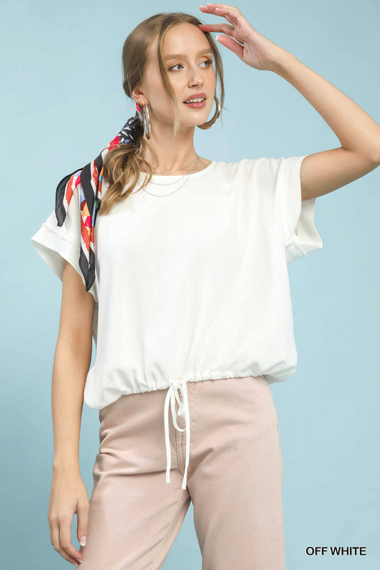 Off White Drawstring Linen Blend Top