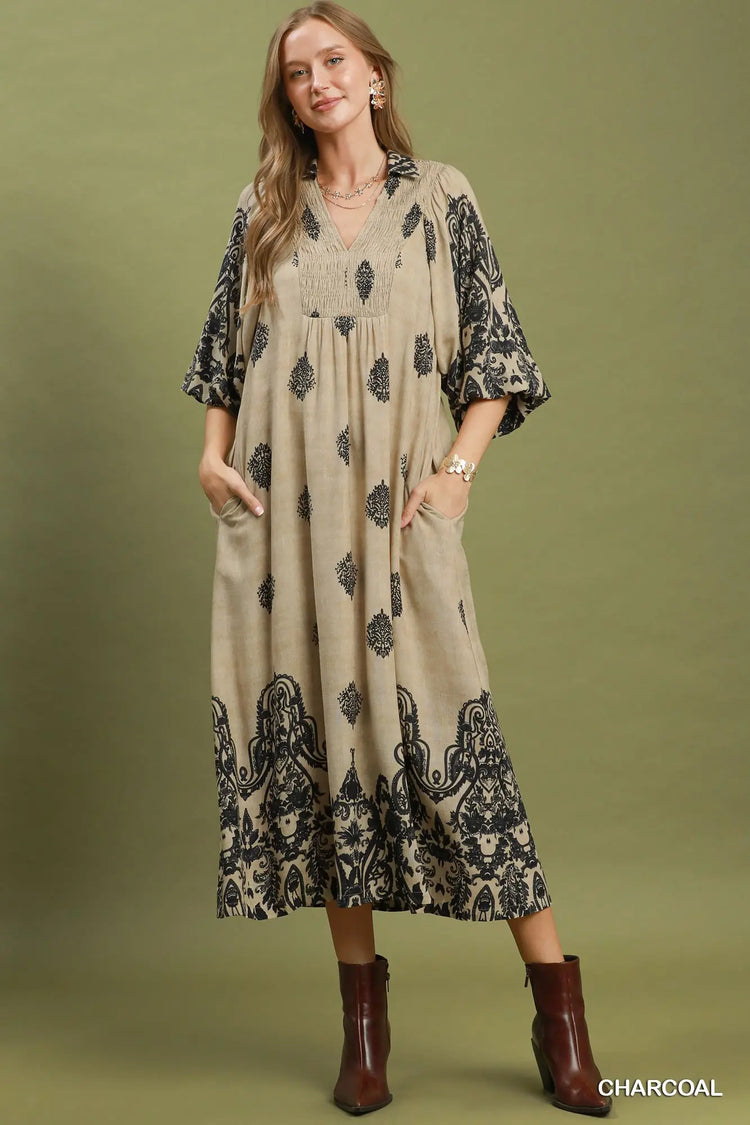 Navy Border Print Smocked Detail Midi Dress