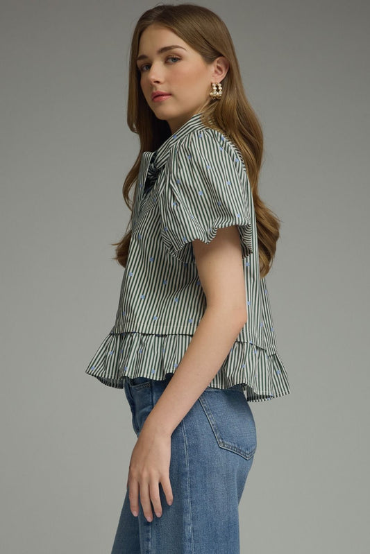 Stripe and polka dot short puff sleeve top