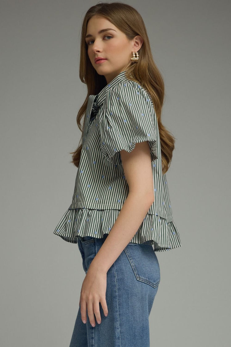 Stripe and polka dot short puff sleeve top
