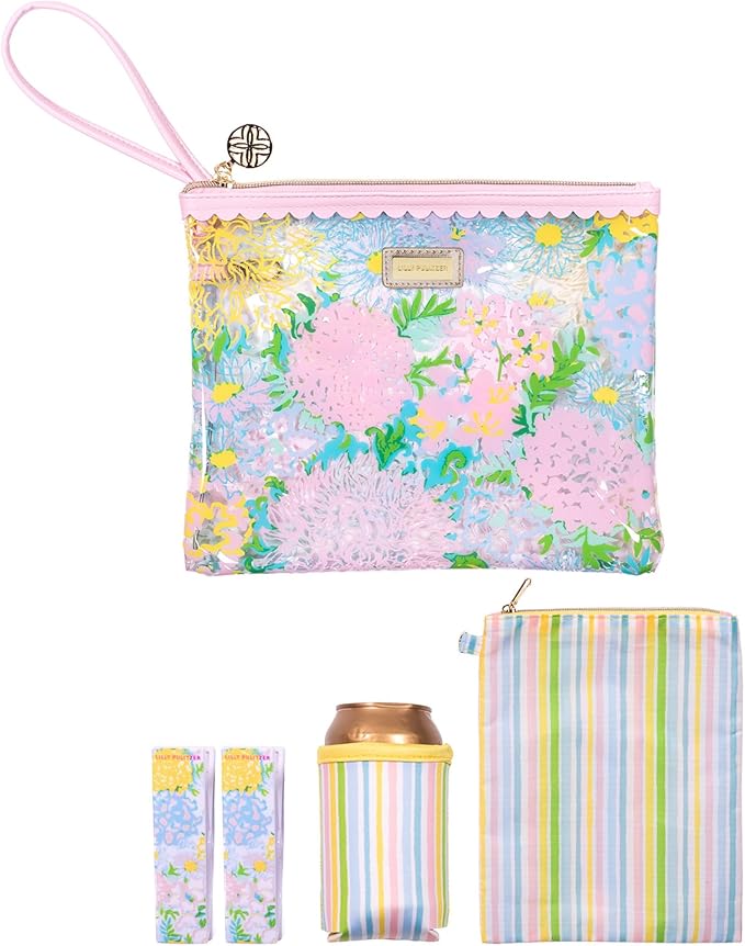 Lilly Pulitzer Water Resistant Vinyl Beach Day Pouch, Zipper Bag Includes Drink Hugger, Small Pouch, and Towel Clips