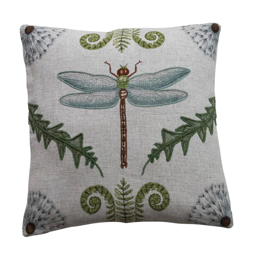 20” Square Linen Blend Pillow with Dragonfly, Botanicals & Embroidery
