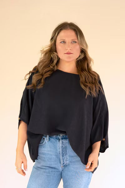 Short-Sleeve Blouse with Button Detail on Sleeves