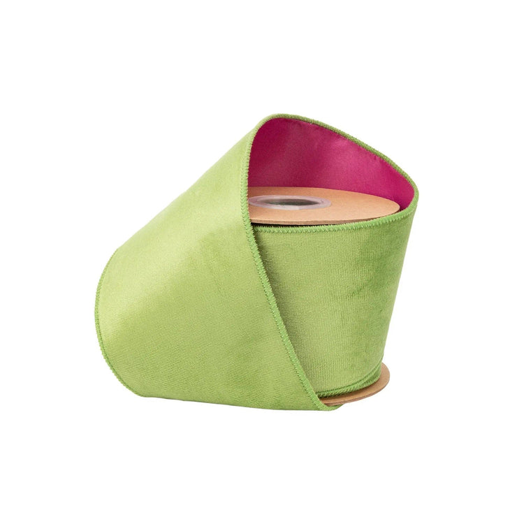 4" Wired Velvet Ribbon | Lime Green W/ Fuchsia Backing | 10 Yard Roll