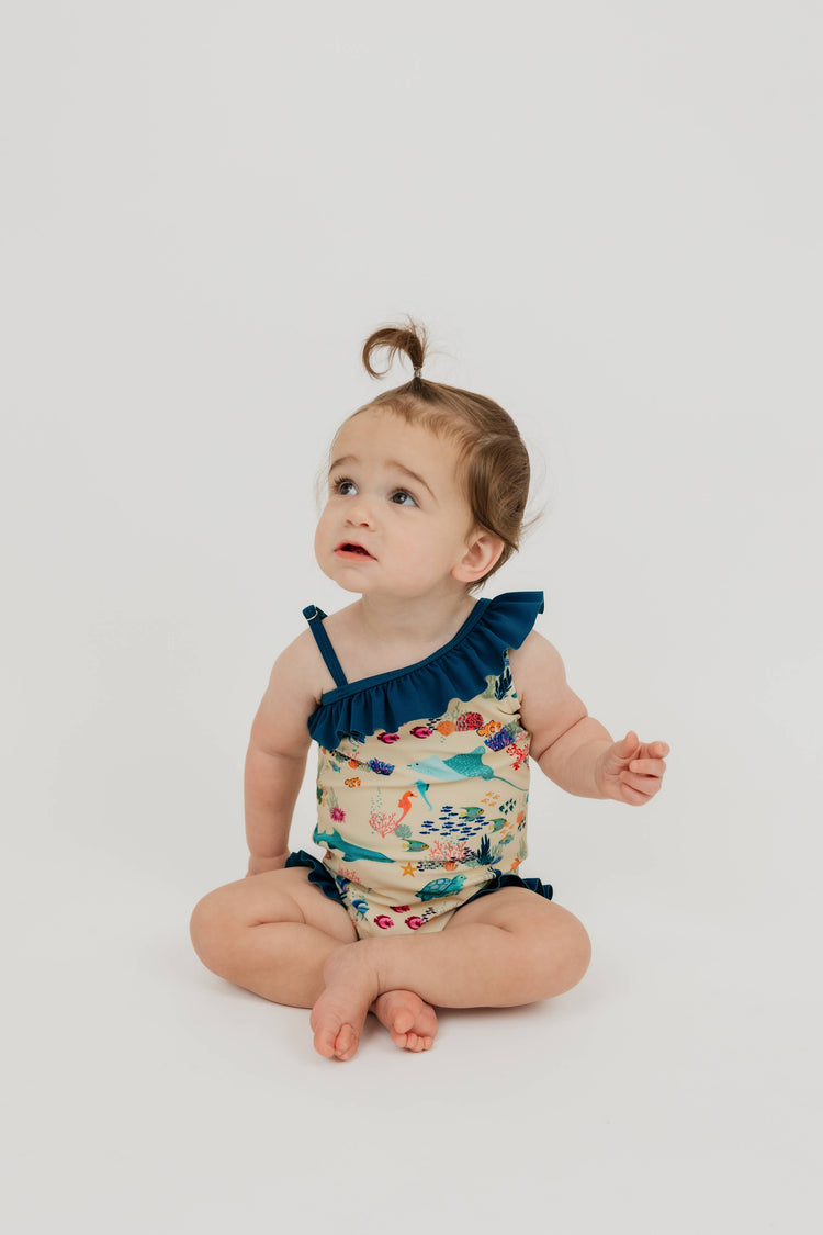 Coral Reef Ruffle Leg One Piece Girls Swimsuit: Blue/Multi / 2/3T