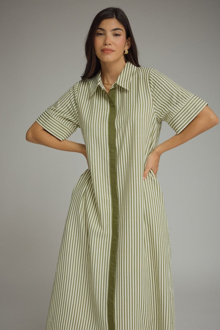 Olive Stripe short sleeve midi dress