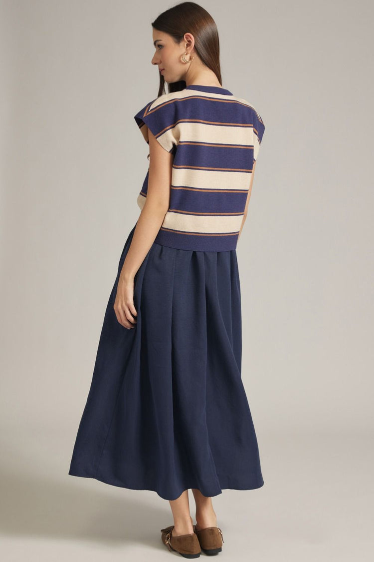 Navy Stripe knit cap sleeve top and solid sleeveless midi dress