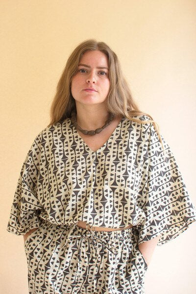 Printed V-Neck Blouse and Drawstring Pant Set