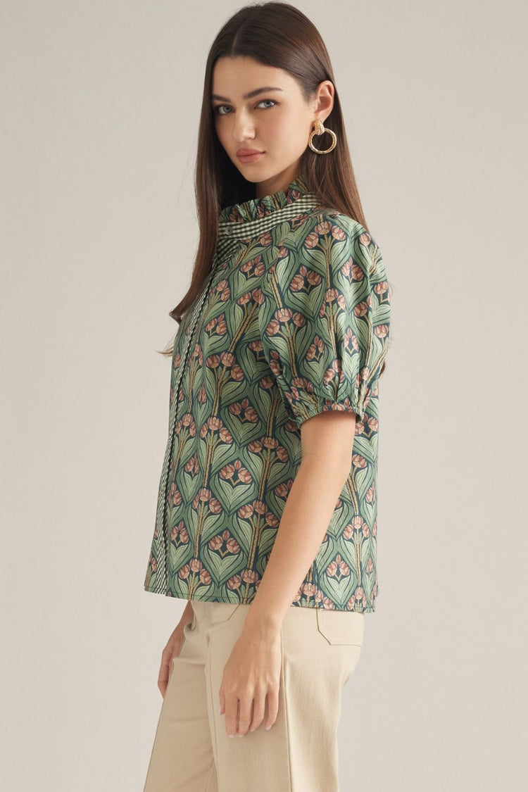 Hunter Green Print short puff sleeve top