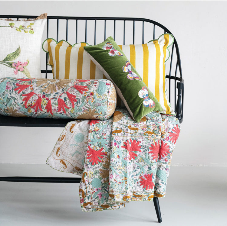 Cotton Striped Lumbar Pillow with Scalloped Flange & Contrasting