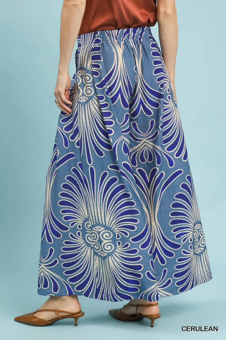 Cerulean Feather Print Wide Leg Pants