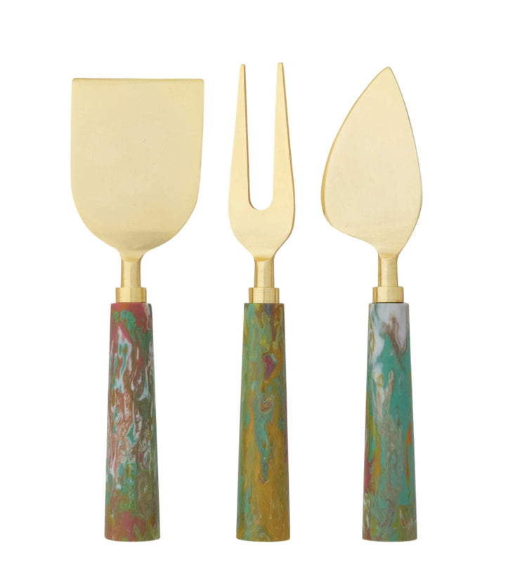 Cheese Knives w/ Marbled Resin Handles, Set of 3 in Drawstring Bag