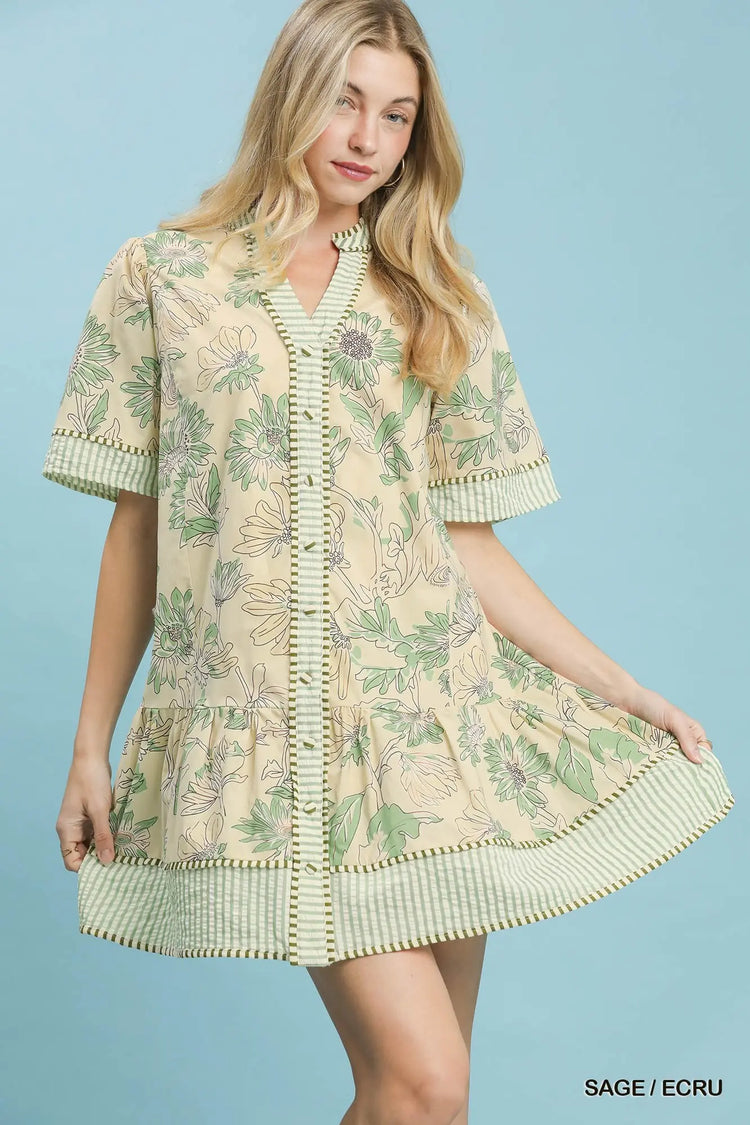 Sage/ecru Botanical Print V-Neck Dress