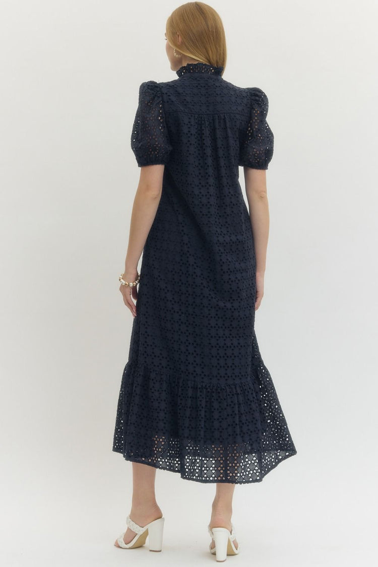 Navy Eyelet short puff sleeve midi dress