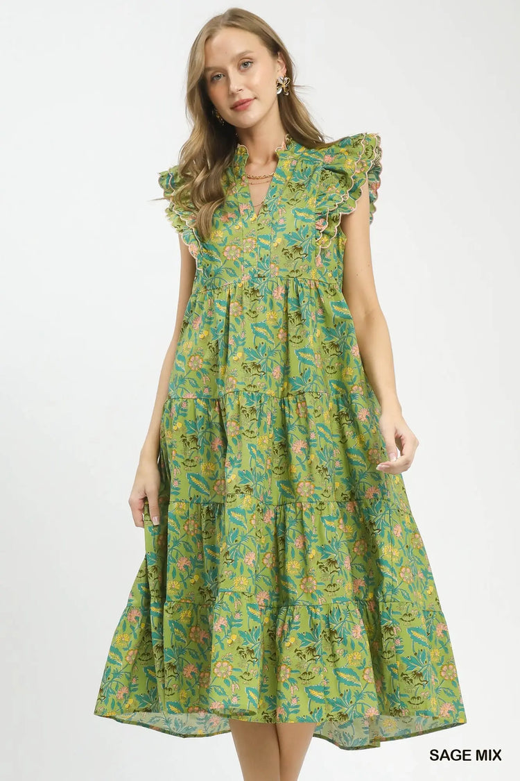 Saige Mix Floral Garden Print Tiered Maxi Dress