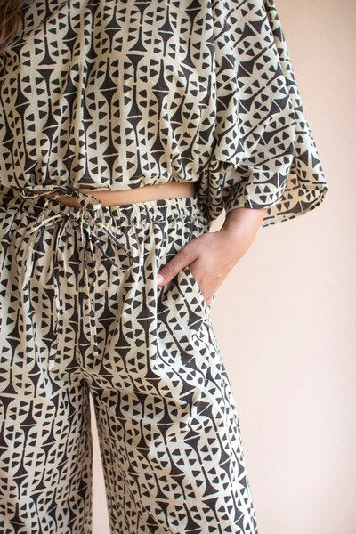 Printed V-Neck Blouse and Drawstring Pant Set