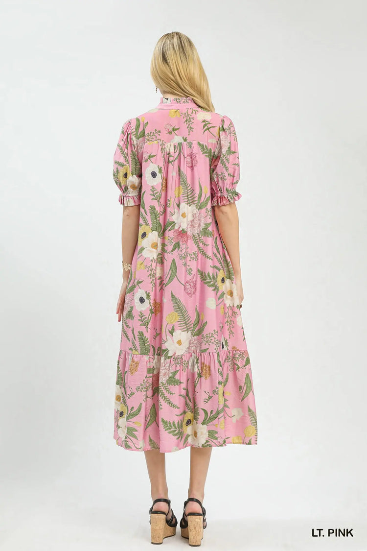 Pink Floral Smocked Button-Front Midi Dress