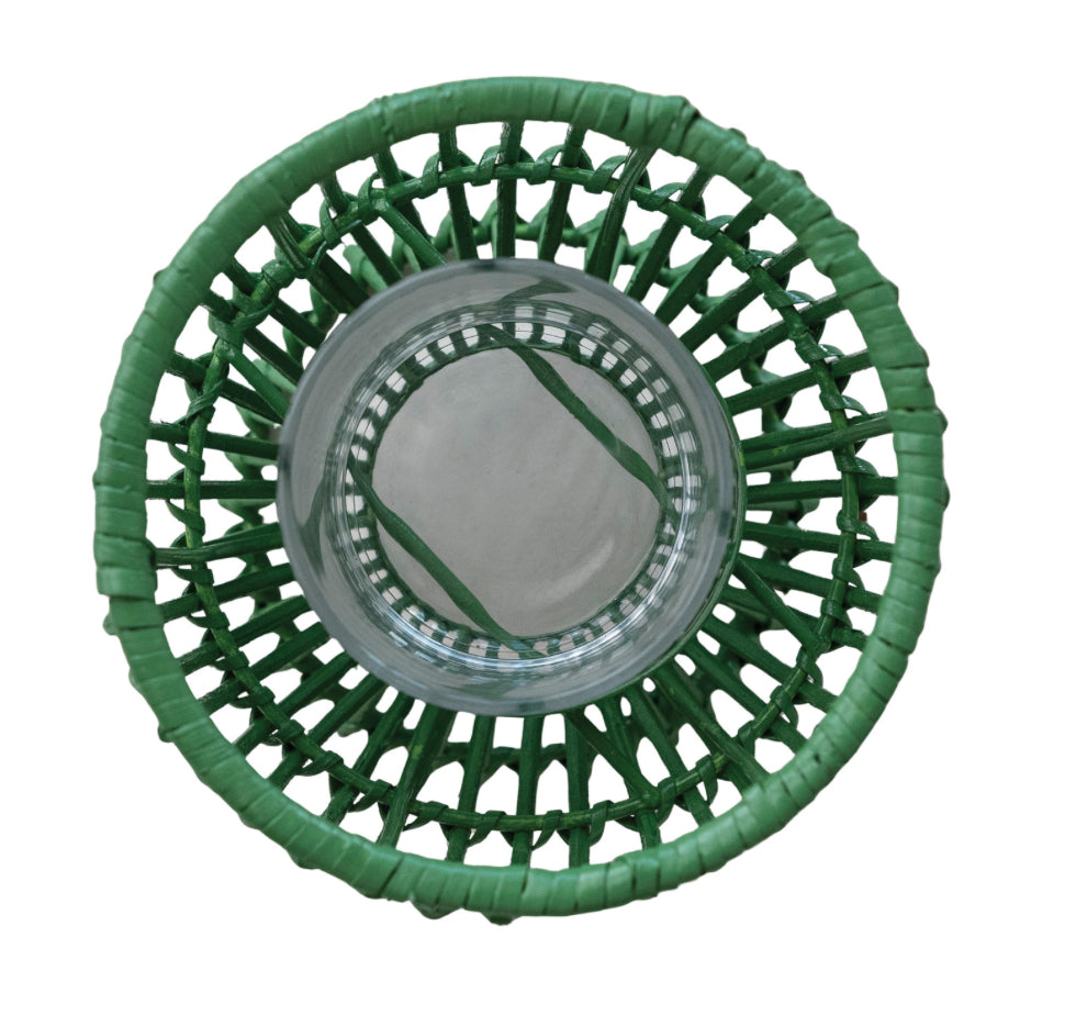 6- 1/2” Round x 8”H Hand-Woven Rattan Lantern with Glass Insert