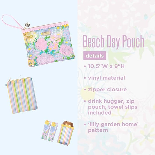 Lilly Pulitzer Water Resistant Vinyl Beach Day Pouch, Zipper Bag Includes Drink Hugger, Small Pouch, and Towel Clips