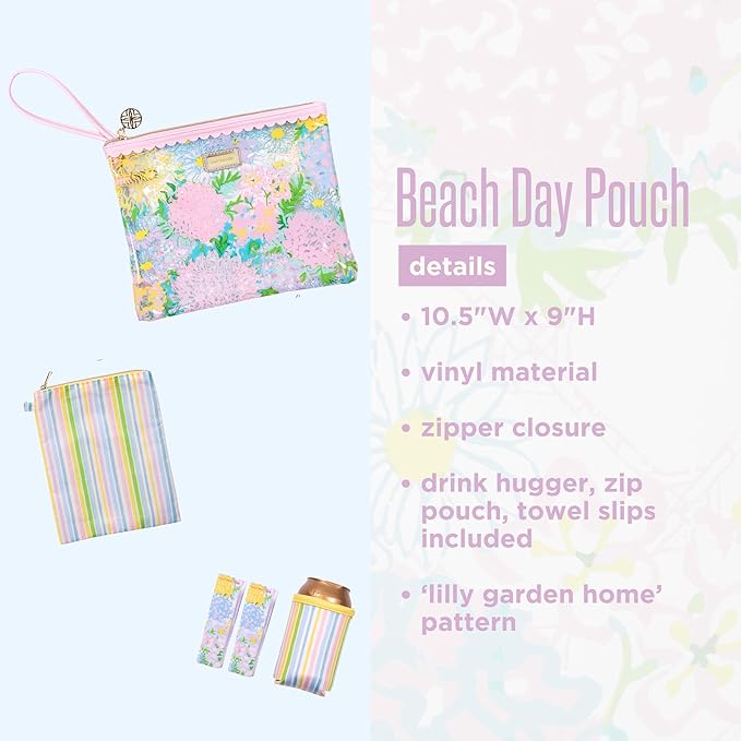 Lilly Pulitzer Water Resistant Vinyl Beach Day Pouch, Zipper Bag Includes Drink Hugger, Small Pouch, and Towel Clips