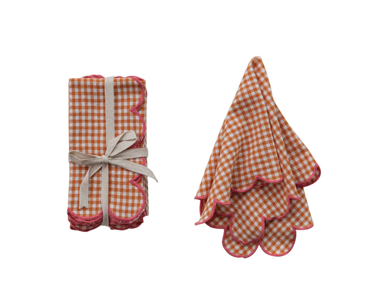 Cotton Scalloped Napkins with Contrasting Stitched Edges, Set of 4